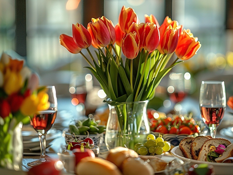 Een volle sfeervolle tafel gedekt met hapjes en drankjes zoals druiven, aardbeien en brood, in het midden van de tafel staat een vaas met oranje met gele tulpen.